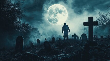 Zombie Rising Out Of A Graveyard cemetery In Spooky dark Night full moon Holiday event halloween background concept