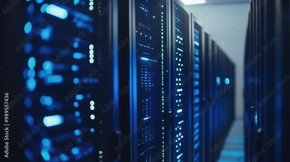 Poster a close-up view of dark server racks illuminated by blue led lights, showcasing the advanced technol
