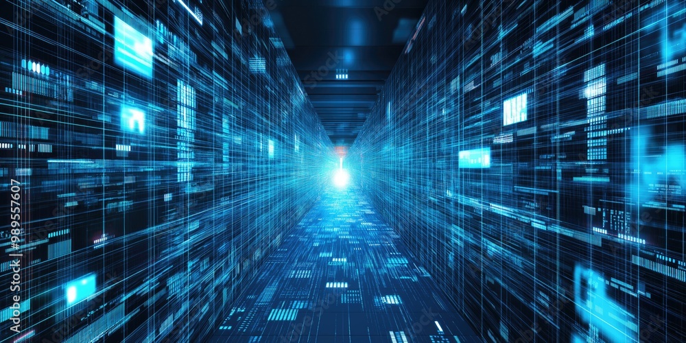 Poster a visually striking representation of a futuristic digital corridor, illuminated by blue lights and 