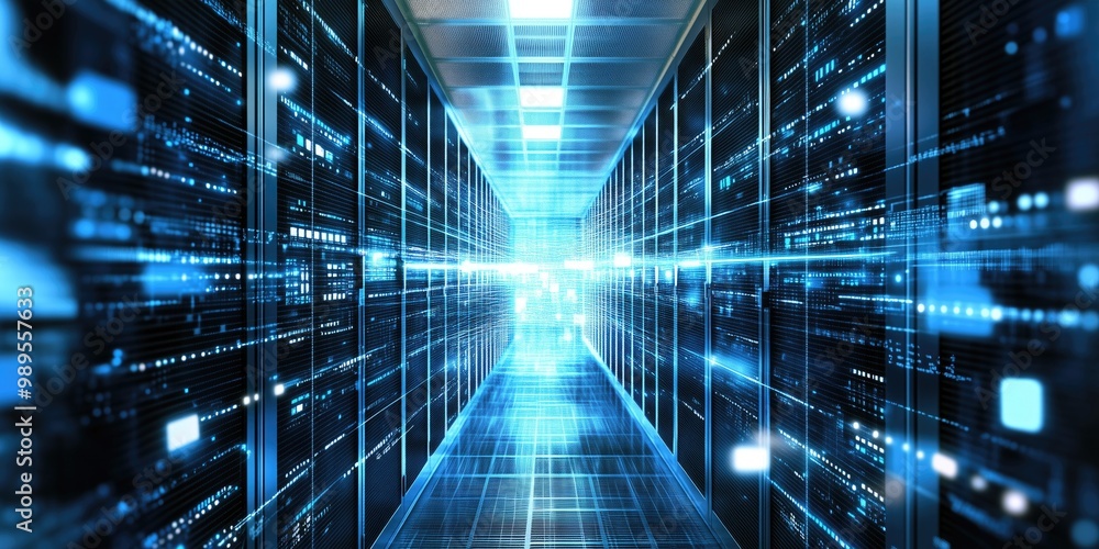 Poster a futuristic digital corridor with vibrant blue lights and data flow, showcasing rows of advanced se