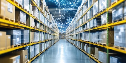 Obraz premium An organized view of a high-tech warehouse with stacked boxes and a network of digital connections illuminated above, representing advanced logistics.