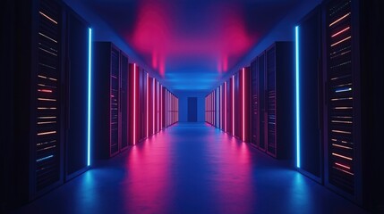 Fototapeta premium A visually striking server room corridor illuminated with vibrant pink and blue lights, featuring sleek server racks along both sides, creating a futuristic ambiance.