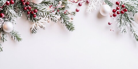 Snow-covered evergreen branches adorned with white ornaments and red berries on a white background.