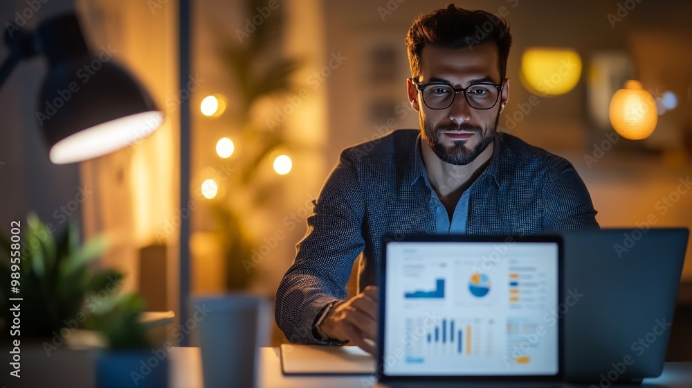 Poster man working on laptop with data analysis charts at night