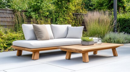 Fototapeta premium Modern Outdoor Lounge with Neutral Cushions and Table
