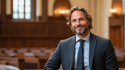Fototapeta premium A middle aged lawyer discusses a case in a beautifully designed courtroom setting