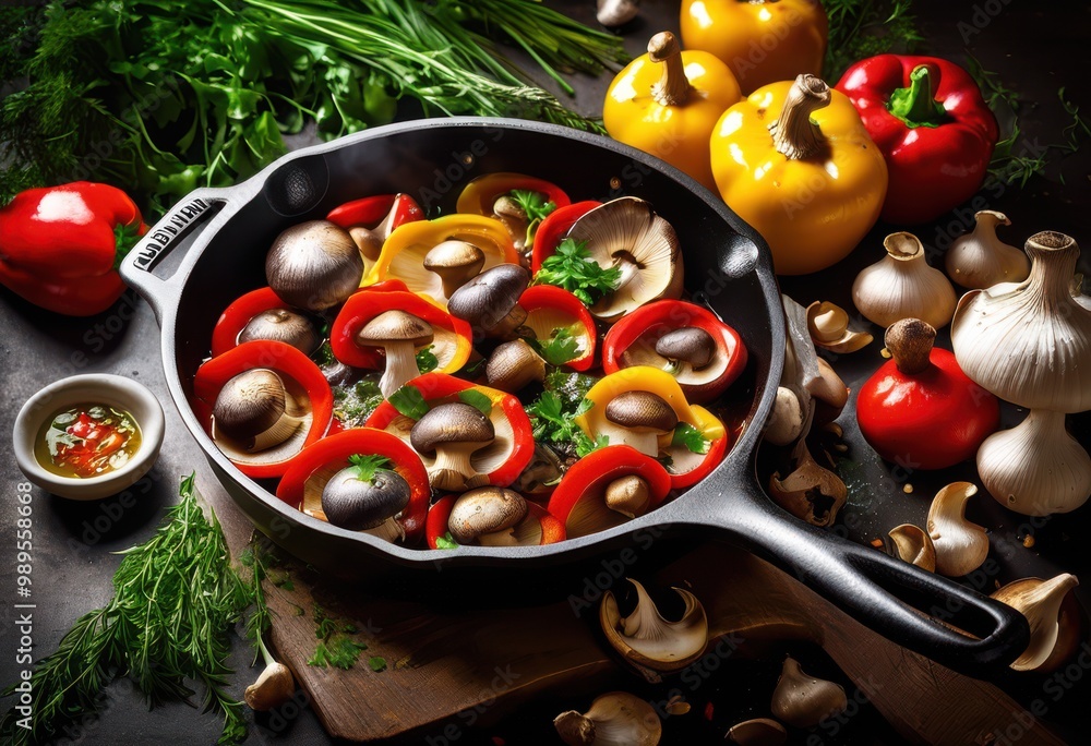 Wall mural vibrant skillet delicious mushroom medley showcasing fresh ingredients rich colors culinary delight, cooking, vegetable, flavor, gourmet, recipe, healthy