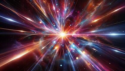 A vibrant explosion of light and colour in a dark cosmic space.
