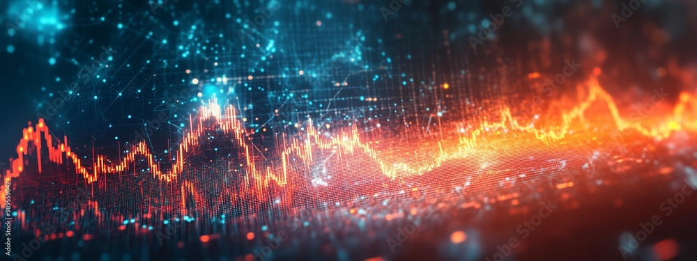 Poster dynamic digital waveforms illustrate sound energy and data fluctuations in a vibrant visual represen