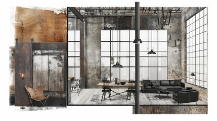 This moodboard features an industrial interior design that emphasizes raw materials, large windows, and minimalist furnishings, creating a spacious and inviting atmosphere for modern living