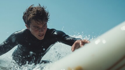 A teen surfer skillfully rides a wave showing agility and determination in the surf