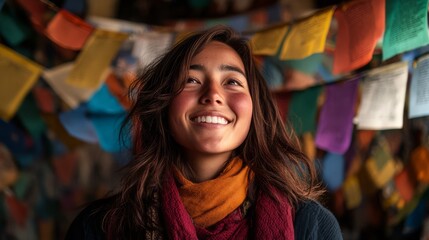 A radiant Tibetan woman engages in heartfelt prayer within a serene monastery