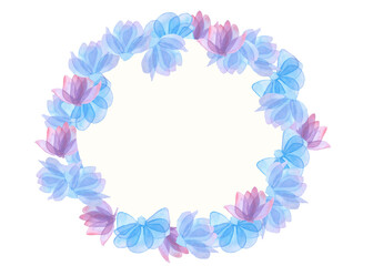 eucalyptus leaves and flowers with transparent petals round frame on white background watercolor illustration floral background for invitations. for clothing, wallpaper, wrapping paper, home decor