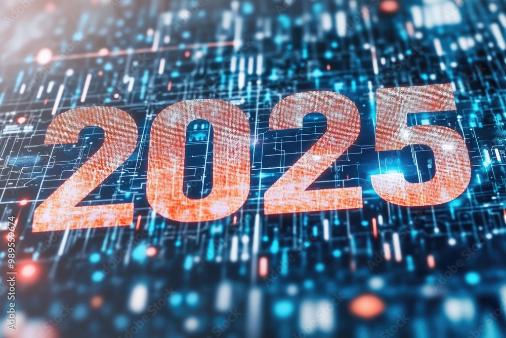 Poster a futuristic digital background featuring the year 2025, with abstract tech patterns and glowing ele