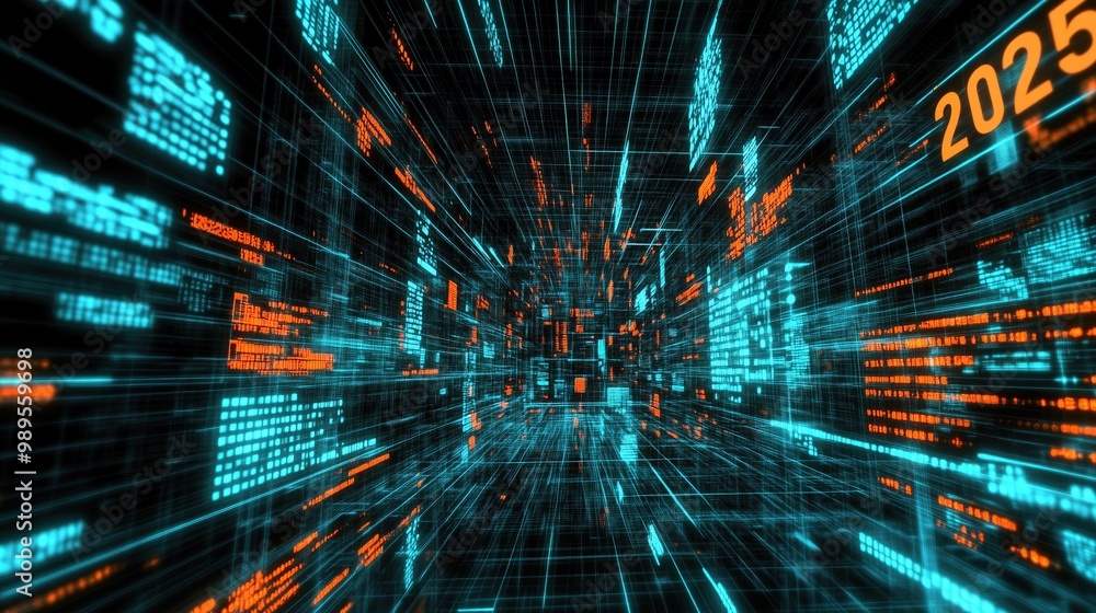 Poster an immersive digital landscape portraying the year 2025, featuring a blend of glowing data streams a