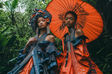 Obraz premium A stunning eco-friendly fashion show showcasing vibrant designs in a lush, green tropical setting during the golden hour