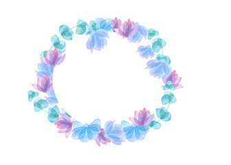 eucalyptus leaves and flowers with transparent petals round frame on white background watercolor illustration floral background for invitations. for clothing, wallpaper, wrapping paper, home decor