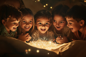 Fototapeta premium Children waking up to discover a blanket of tiny stars inside a cozy fort on a magical night
