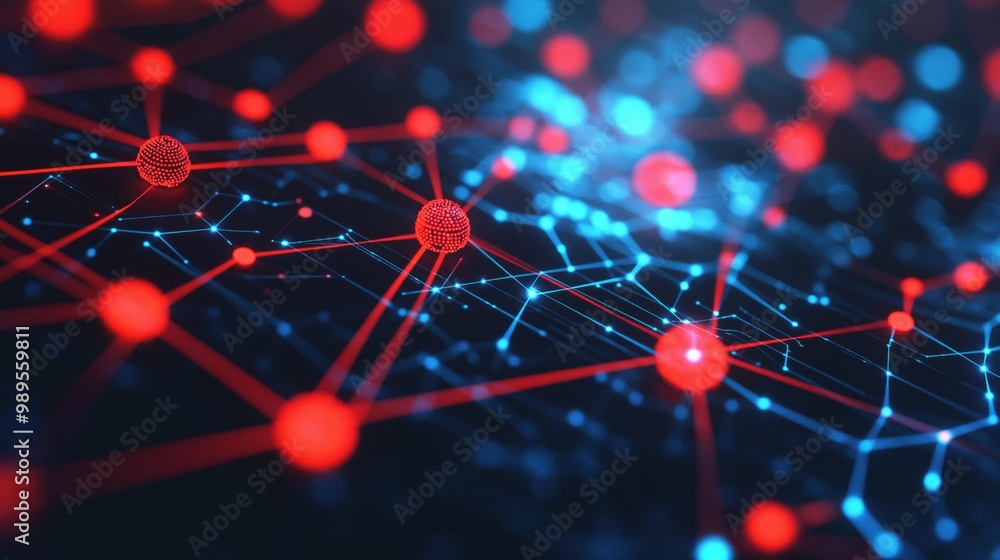 Poster a vivid representation of a digital network illustrating interconnected nodes and particles, emphasi