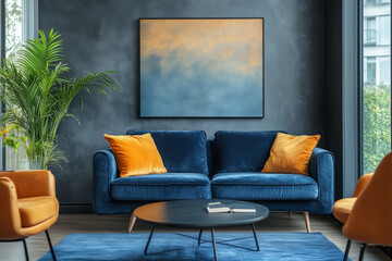 Fototapeta premium A stylish modern apartment with blue velvet sofas and vibrant decor elements creating a cozy living space
