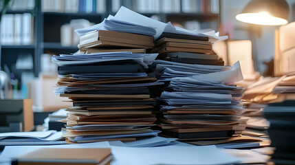 Overloaded inbox tray with stacks of paperwork in an administrative office.