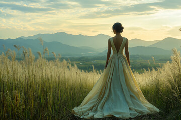 A model in a flowing gown embraces the tranquil beauty of a golden sunset over serene mountains and grassy fields