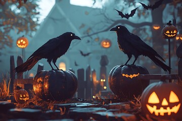 Dark, chilling Halloween illustration featuring decorations and crows, ultra HD.