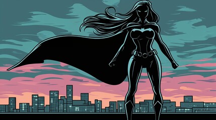 Stylized superhero woman in a black costume and cape standing confidently against a colorful skyline