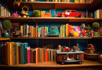 colorful shelves filled array assorted goods including decorative items organized display, shelf, storage, books, toys, organization, vibrant, arrangement