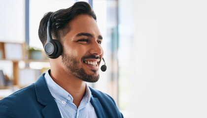 customer service representative giving support using a phone headset, happy and helpful