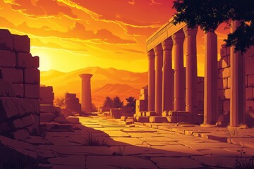 Ancient Ruins and Pillars at Sunset in a Desert Landscape