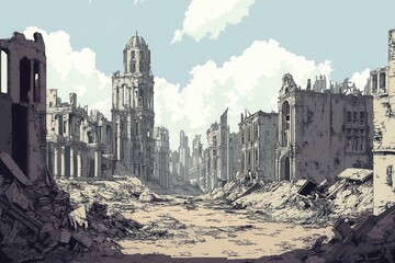 A City Street Destroyed by War with a Single Bird in the Sky