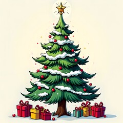 Beautiful Snow Covered Christmas tree and gifts.