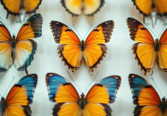 Obraz premium Butterflies, orange and blue shades, arranged symmetrically on a light background, showcasing intricate wing patterns and vibrant colors Nature s beauty captured in detail