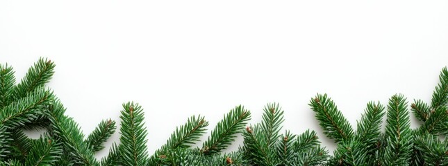 Christmas greenery border, pine branches on white background, festive decoration for holiday season, adding seasonal charm to photography and design projects