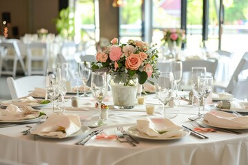 A table with a white tablecloth and a variety of food and drinks, generative ai image