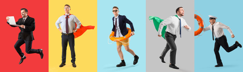 Set of funny business men on color background
