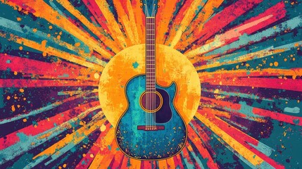 Rock-and-Roll Hippy Musical Disco Party Banner with Acoustic Guitar and Peace Symbol