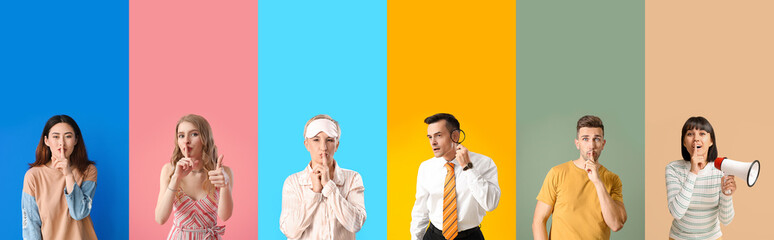 Group of different people showing silence gesture on color background
