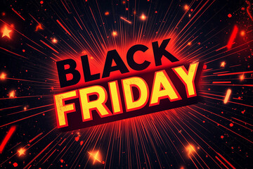 Black and red background with text "BLACK FRIDAY", featuring lightning bolts, stars, sun rays, banner for black friday shopping online on social media. Special offer or sale promotion for holiday cybe