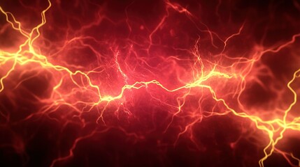 Vibrant display of electric energy with striking red and yellow lightning bolts against a dark backdrop
