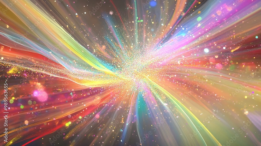 Poster vibrant abstract explosion of color with shimmering particles in a dynamic swirl pattern against a d