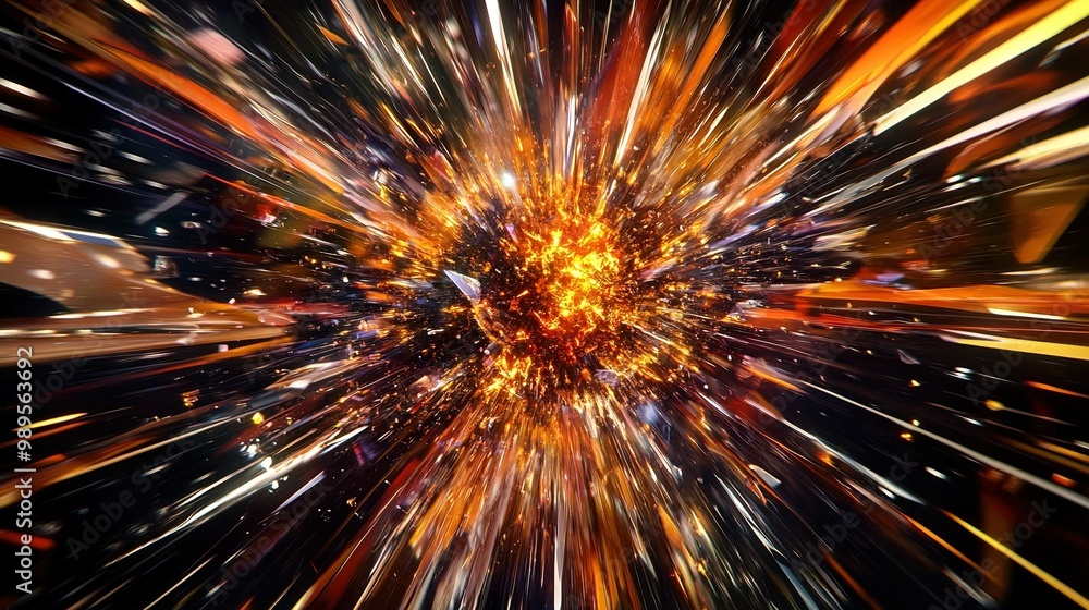 Poster dynamic explosion of colors and light radiating from a central point in a cosmic style with a sense 
