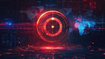Fototapeta premium Modern 3D Goal Accomplishment Concept with Hologram and World Map - Dart Target with Arrow Hitting Bull’s Eye for Success, Precision, and Achievement