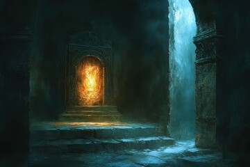 Stone Archway with Glowing Light Within a Dark Cave