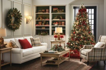 Christmas living room interior with white sofa, Christmas tree and decorations