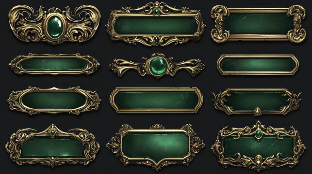Medieval UI Game Menu Elements Set with Green Oblong Banners and Gold Ornate Rims