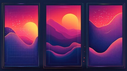 Futuristic Neon Sunset Triptych: Abstract Digital Art with Vibrant Purple Mountains and Water Reflections