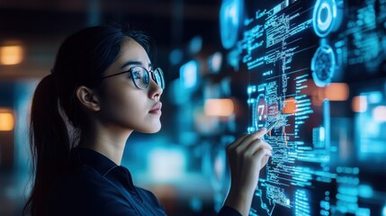Woman in glasses interacting with virtual data interface in dark technology environment