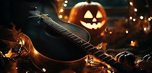 Dark setting with pumpkin lights around a guitar, casting shadows for Halloween.